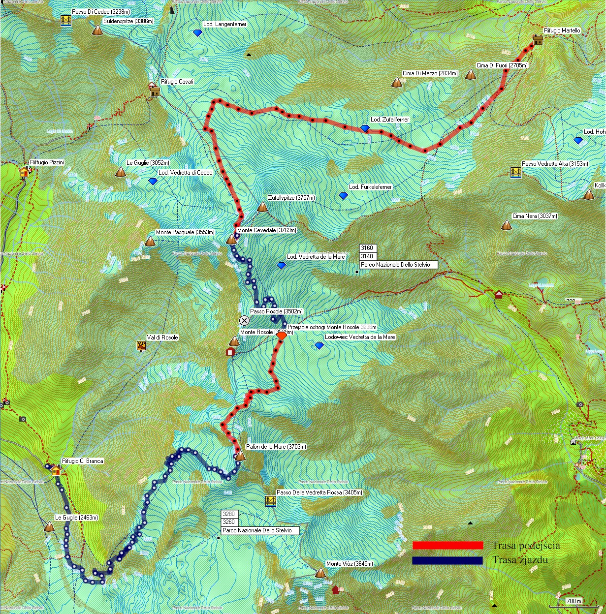 Mapa 3 etapu skitury: Marteller Hutte 2610 m - Monte Cevedale (3769m) - Palon de la Mare (3703m) - Refugio C.Branca (2493m)