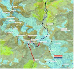 Mapa 6 etapu skitury: Rifugio Pizzini-Frattola (2706m) - Gran Zebru (3851m) - przełęcz Cedec (3238m) - Sulden (1902m)